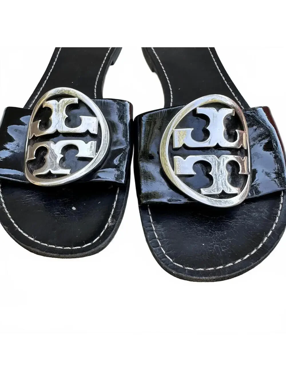 Tory Burch Grania Black Patent Leather Slide Sandals Silver Logo Size 10